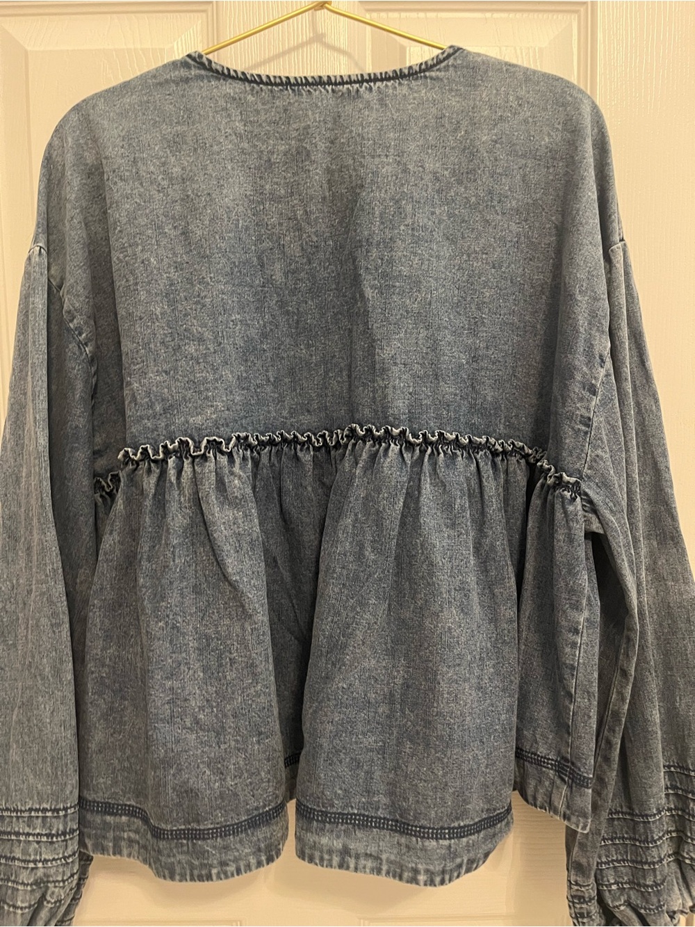 Free People Blue Denim Wash Babydoll Peplum Balloon Sleeve Top L - Picture 9 of 10